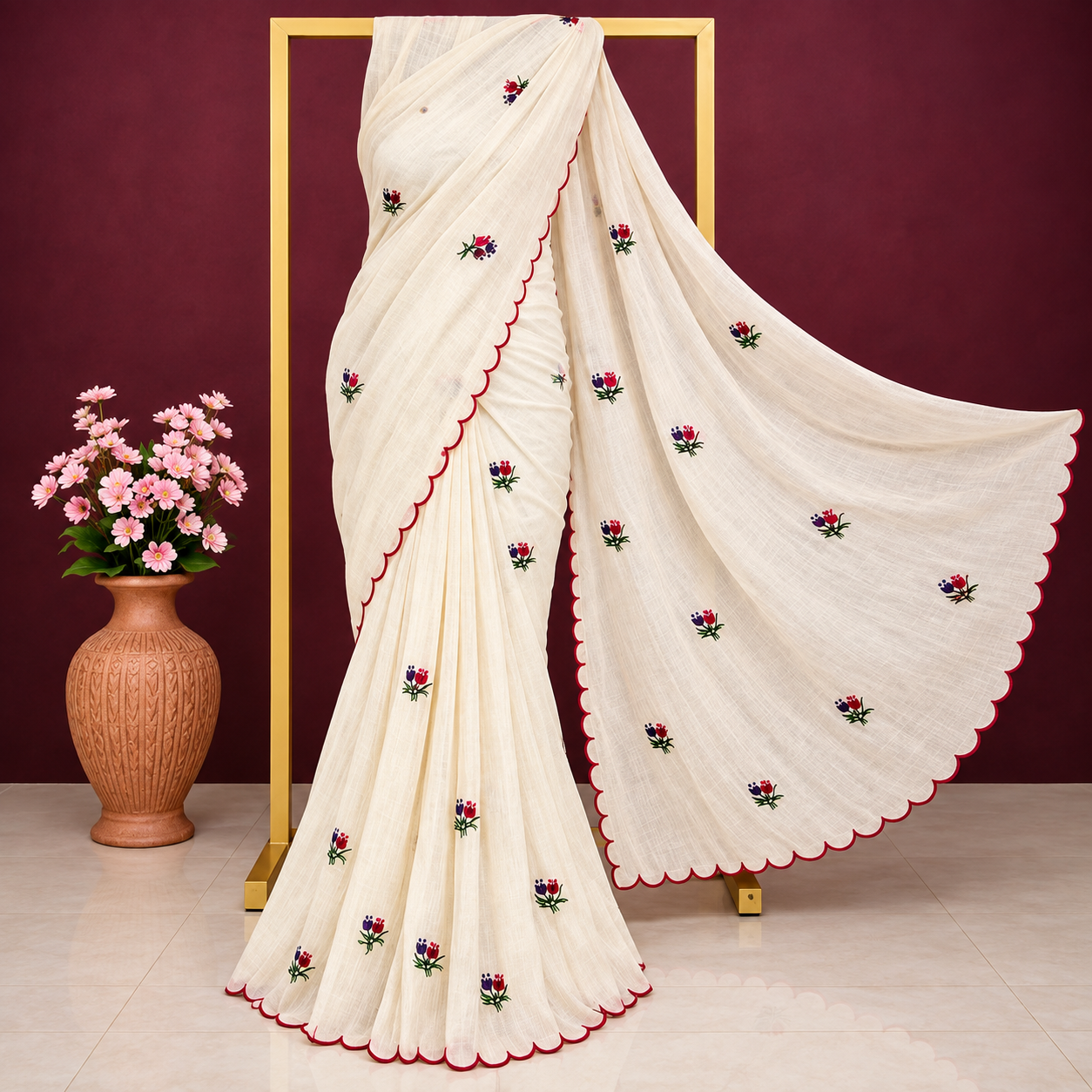 Exclusive off-white cotton embroidered saree with scalloped borders.