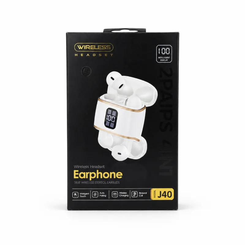 J40 4-in-1 ট্রু ওয়্যারলেস ইয়ারবাডস – Bluetooth 5.4, ডুয়াল-সাইড চার্জিং কেস, স্মার্ট LED ডিসপ্লে, নয়েজ ক্যানসেলেশন ও IPX5