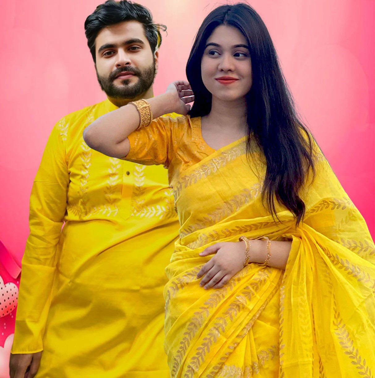 Semi Muslin Saree and Dhupian Silk Panjabi Couple Set
