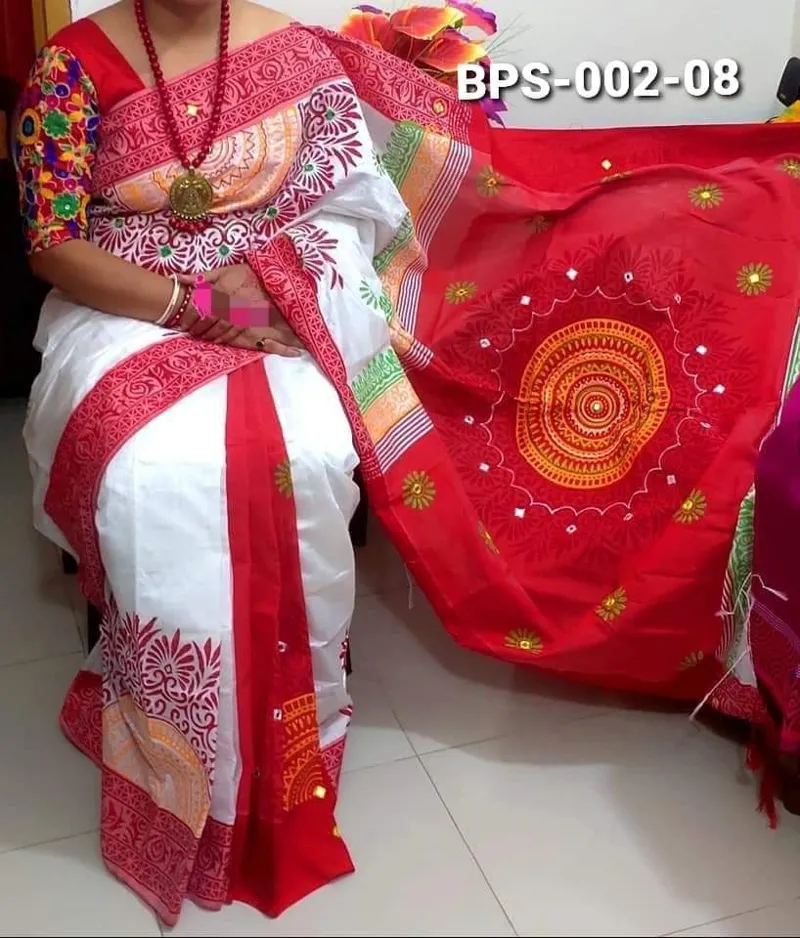 Dhupian Silk Saree with Block Print and Embroidery, 13 Haath