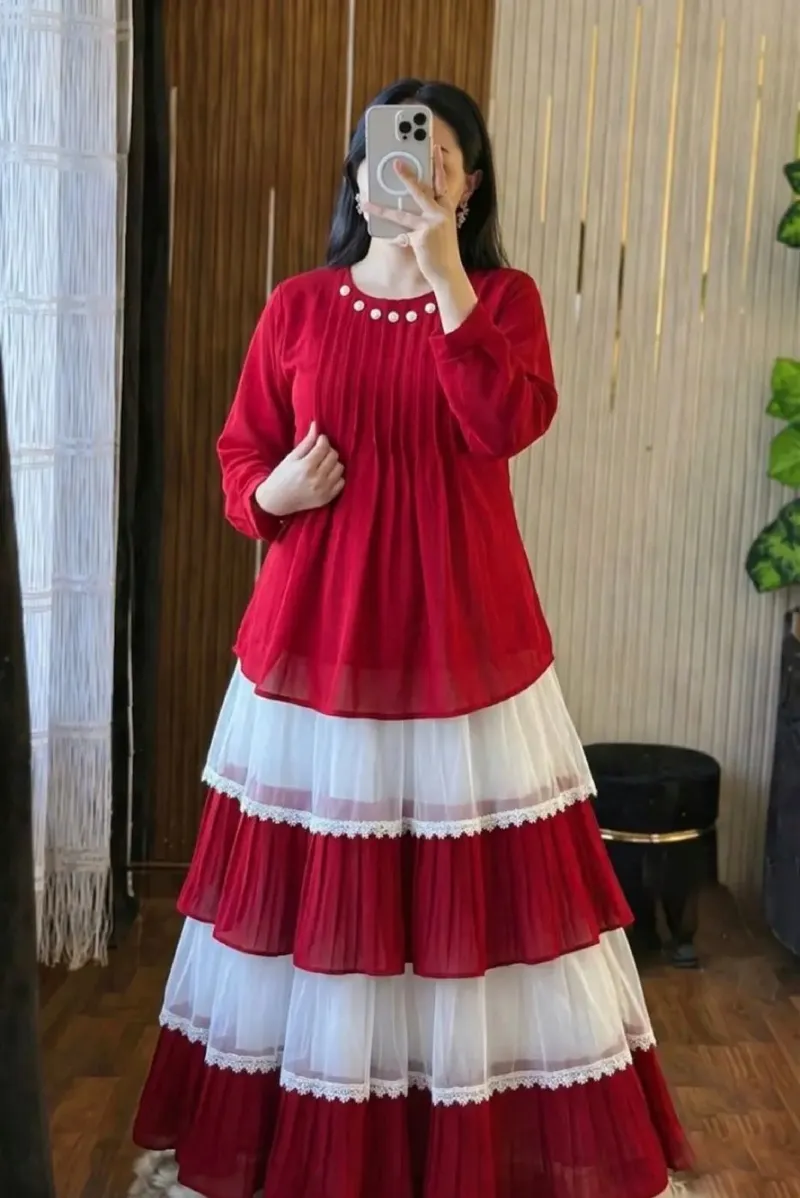Ladies' Cherry Georgette Tops and Skirt Set with Lined Skirt