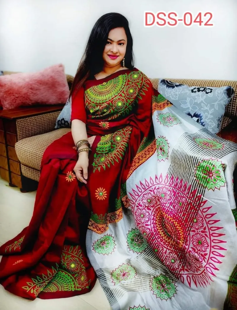 Embroidered Dhupian Silk Saree in Block Print, 13 Haath