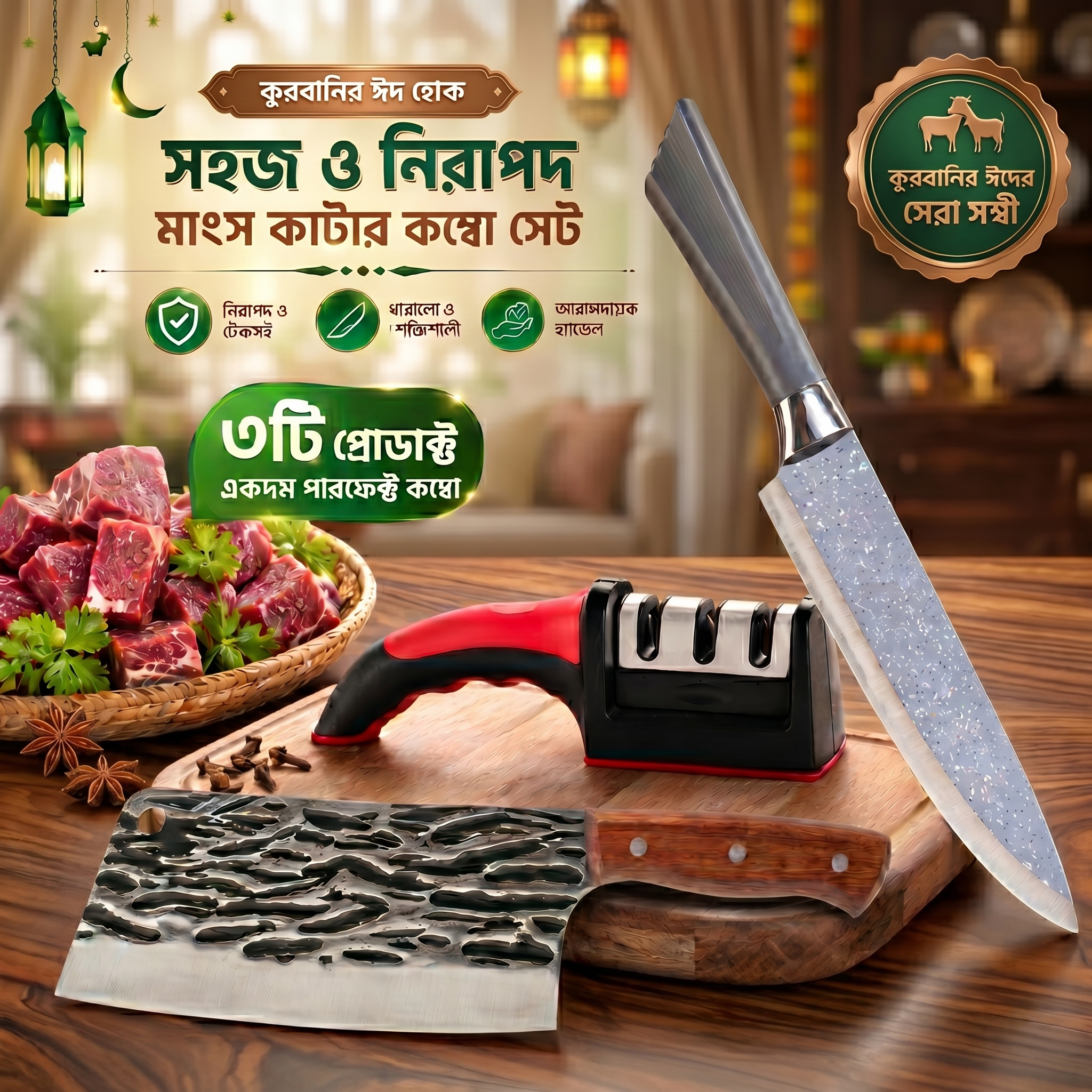 কোরবানির মাংস কাটার নাইফ কম্বো, শার্পনারসহ 3 ইন 1 সেট
