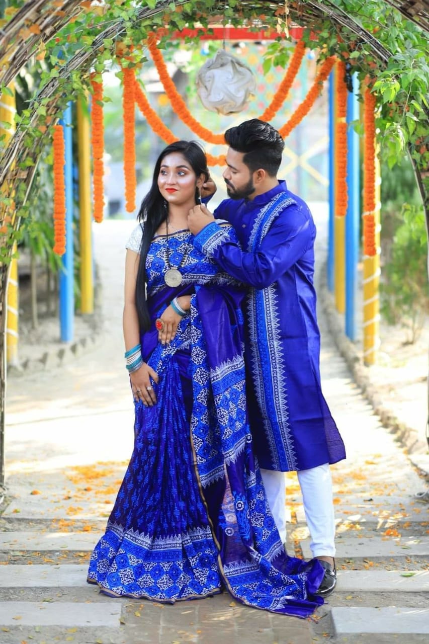 Couple Saree Panjabi Set, Dhupian Silk, Panjabi Sizes 40 to 46