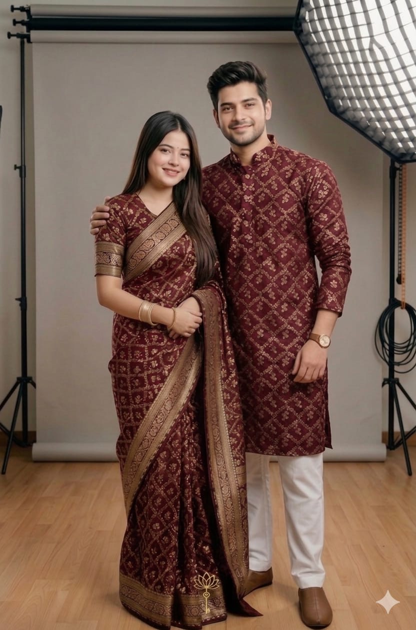 Matching Couple Set, Screen Print Saree with Block Print Panjabi