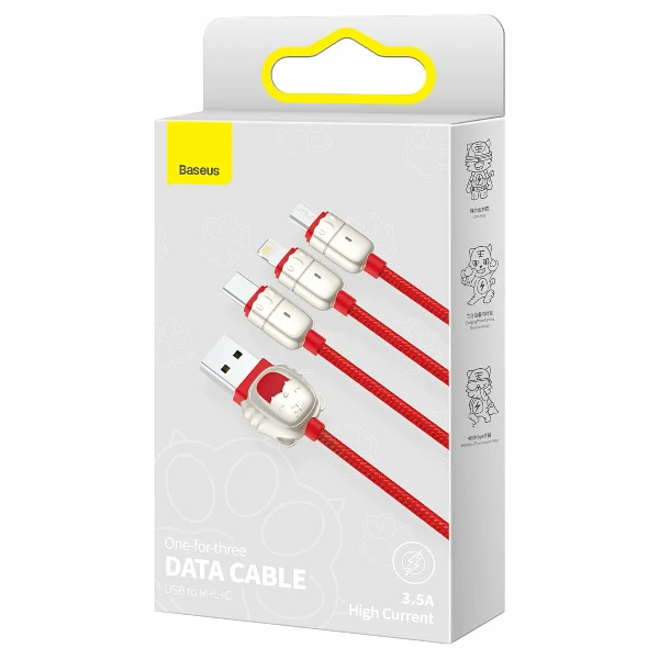 Baseus One-for-Three Data Cable USB to M+L+C (CASX010009) – Red Color