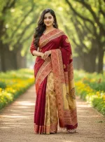 ব্লক প্রিন্ট ও এমব্রয়ডারির নকশি ধুপিয়ান সিল্ক শাড়ি