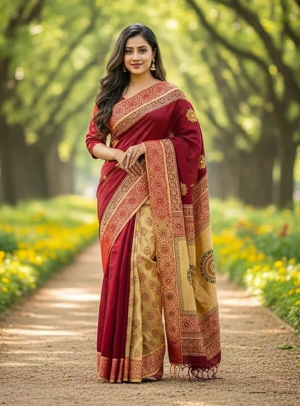 ব্লক প্রিন্ট ও এমব্রয়ডারির নকশি ধুপিয়ান সিল্ক শাড়ি