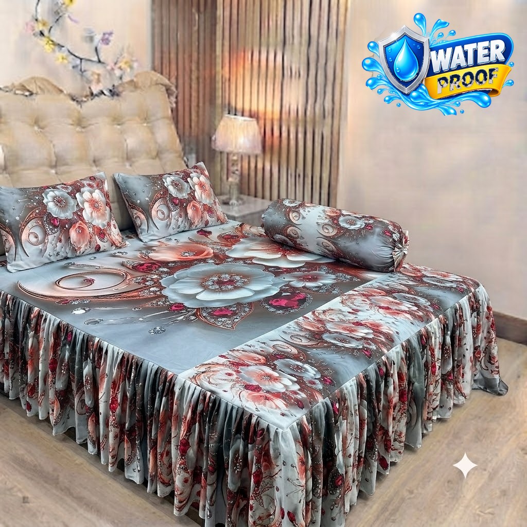 Waterproof 3D Ruffle Bedsheet Set with Pillow Covers, 7x8 ft