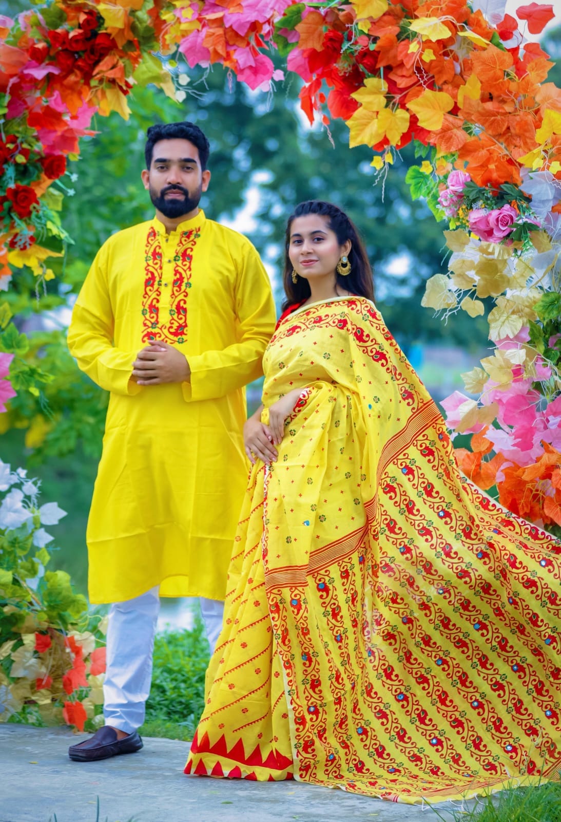 Dhupian Silk Saree and Panjabi Couple Set with Screen Print Work