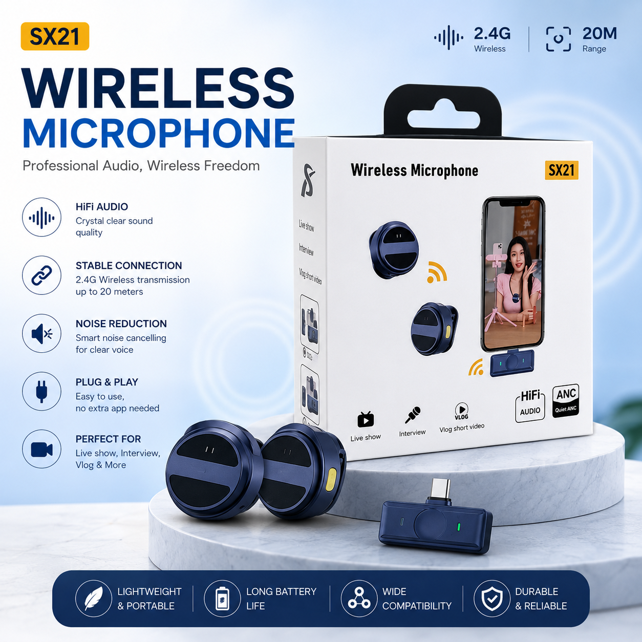 SX21-New 2-in-1 ওয়্যারলেস ল্যাভালিয়ার মাইক্রোফোন – ডুয়াল মাইক