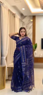 পাড়ে প্রিন্ট করা হাফ সিল্ক স্ক্রিন প্রিন্ট শাড়ি, ব্লাউজ পিসসহ