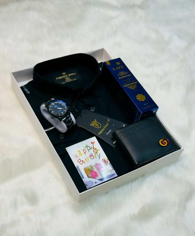 Men's Cotton Shirt, Watch and Perfume Gift Box Set, Sizes M to XL