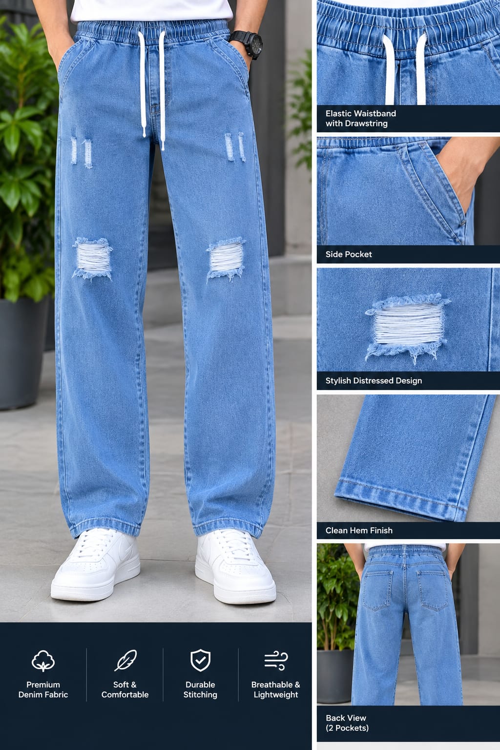 Men's Semi Baggy Cargo Denim Pant, 3 Colour Choices