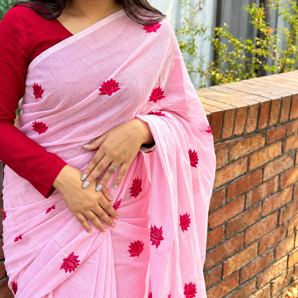 Exclusive Baby Pink Cotton Embroidered Saree