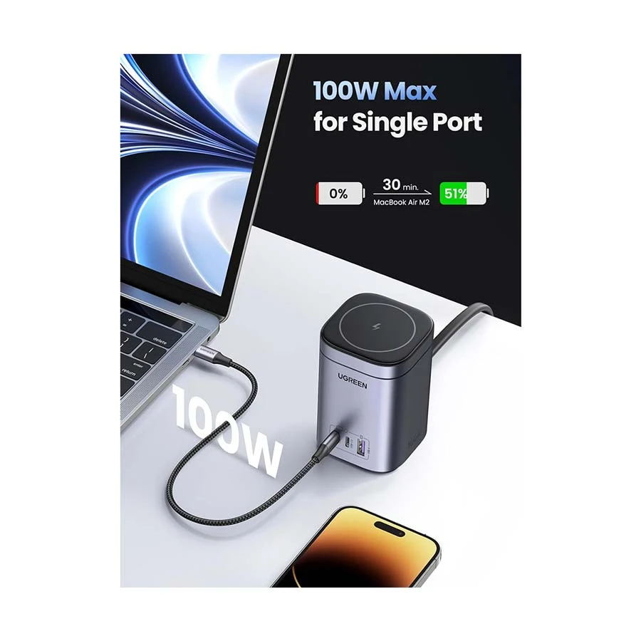 UGREEN CD342 100W GaN USB-C & USB-A Charger with MagSafe, Space Gray