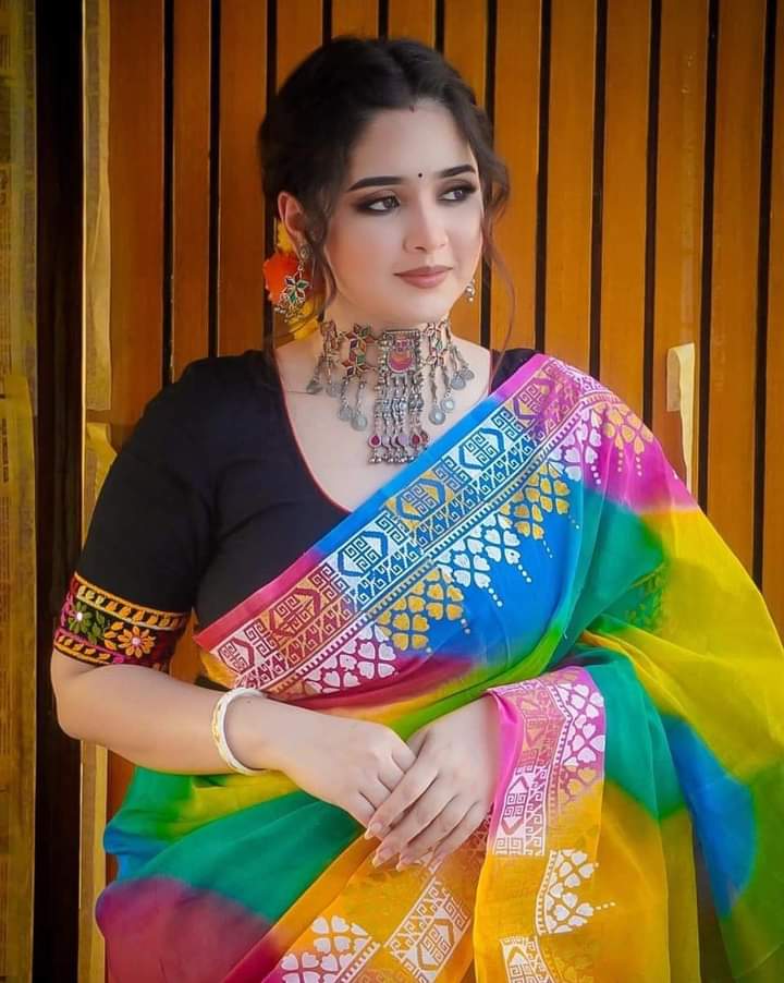 Rainbow Afsan Print Half Silk Saree, Hand and Block Print