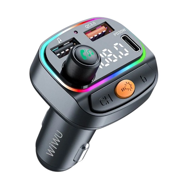 Wiwu MP3 কার 38W 3 পোর্টস ব্ল্যাক কার চার্জার (1xUSB-C & 2xUSB-A) উইথ FM & MP3 প্লেয়ার