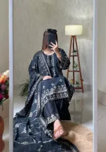 Women's Readymade Cotton Three Piece with Skin Print and Lace