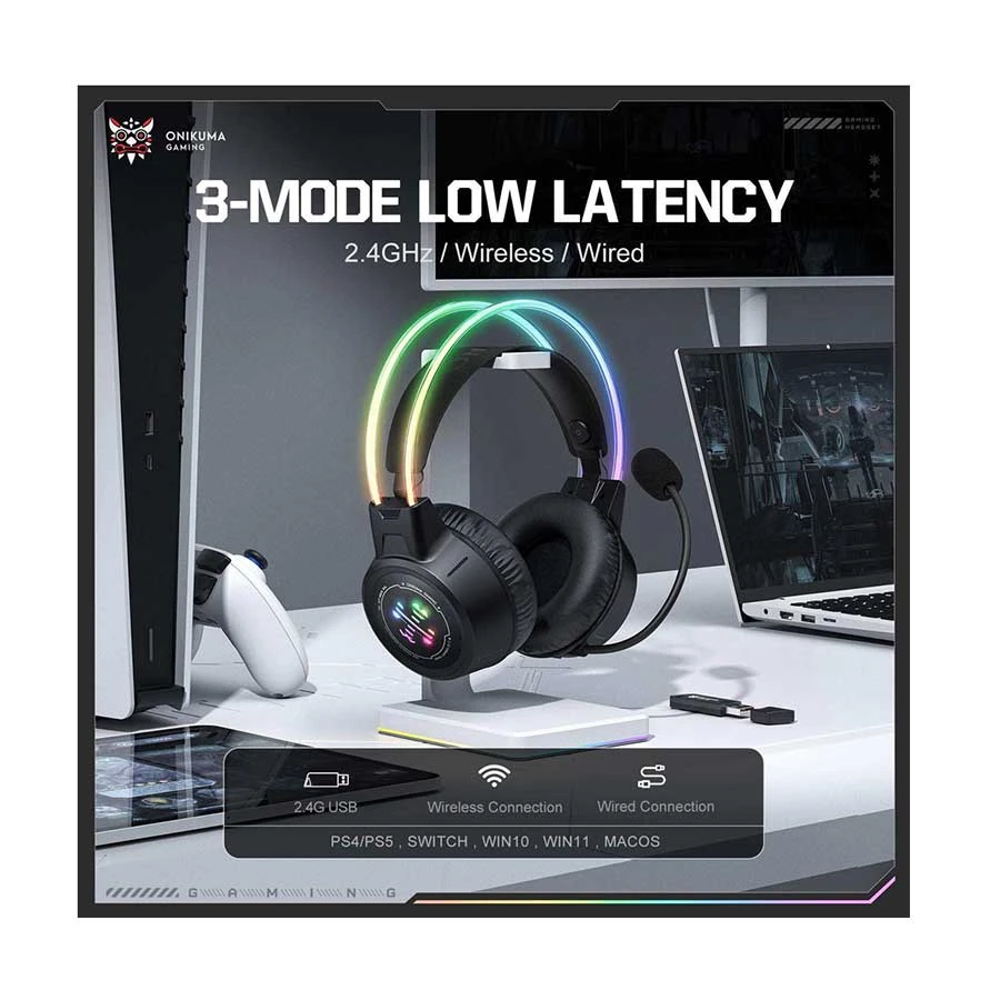 Onikuma GT889 RGB Tri-Mode Wireless Black Gaming Headset