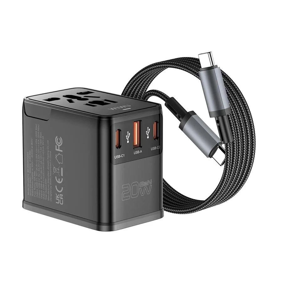 WiWU Universal Plug 20W GaN Travel Charger with AC Outlet, Black