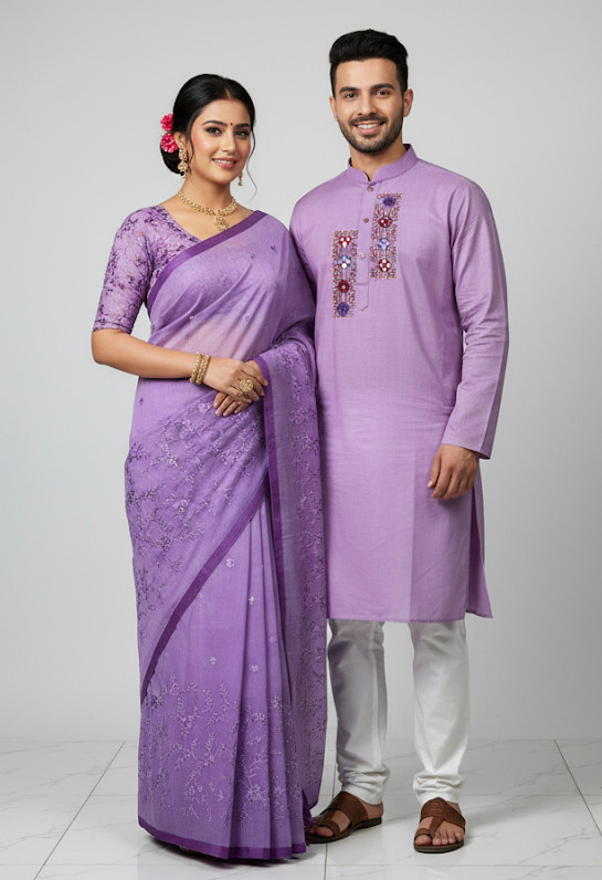 Couple Set: Embroidered Half Silk Saree and Slub Cotton Panjabi