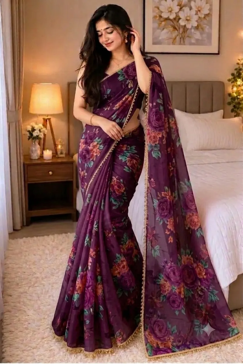 Soft Georgette Saree with Pearl Lace Border and Blouse Piece