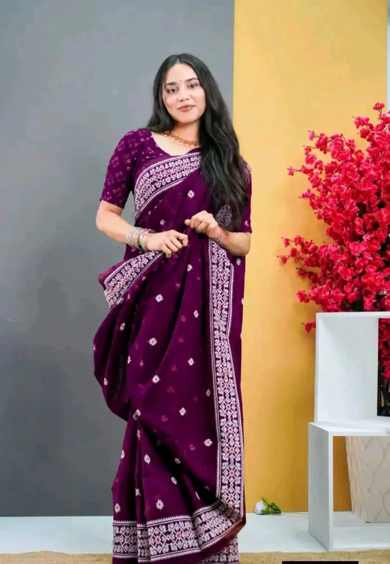 Half Silk Screen Print Saree with Jamdani Motifs, 6 Colours