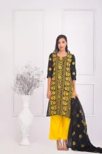 Semi-Stitched Pure AC Cotton Three Piece with Embroidery