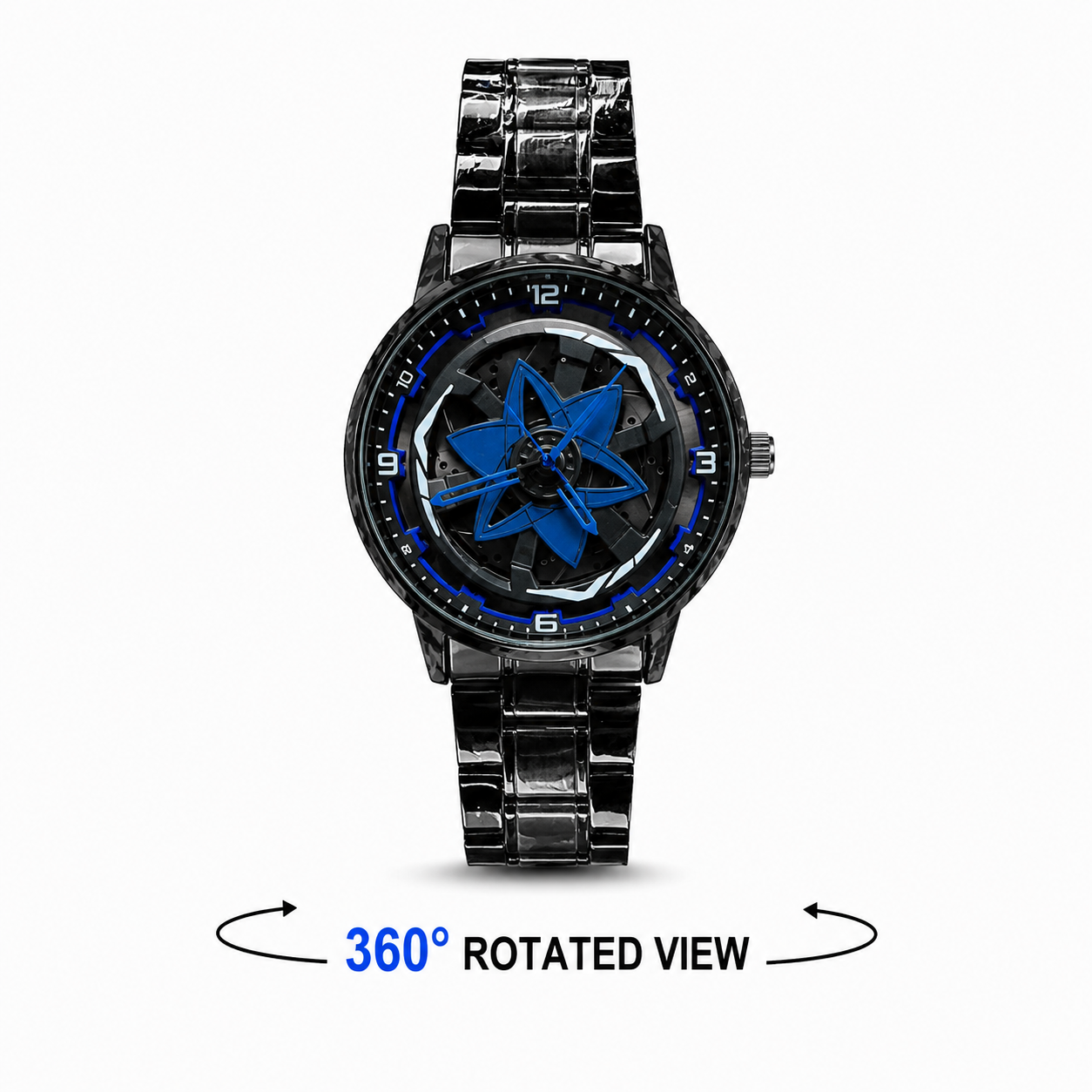 360° Rotating Car Wheel Rim Quartz Watch – Matte Black Metal Sports Wristwatch, 3D Alloy Rim & Brake Disc Dial, Stainless Steel Strap & Scratch-Resistant Glass for Men