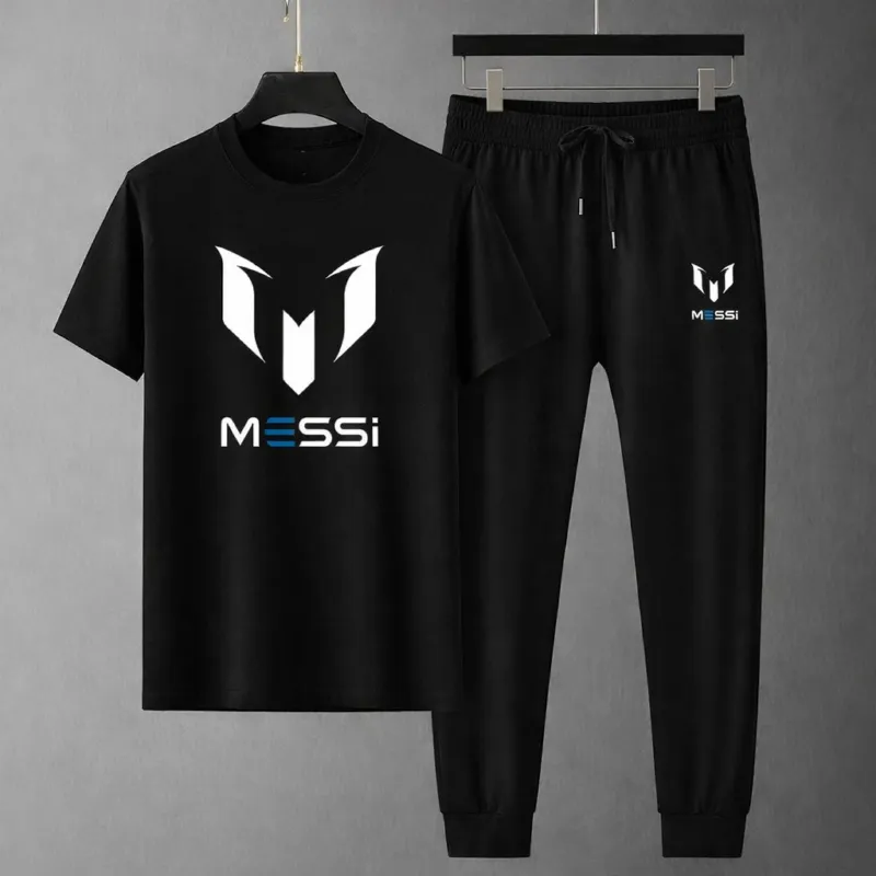 Men's Matching Tee and Trouser Set, Mesh Jersey with Screen Print