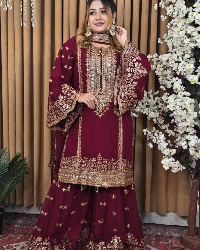 Georgette Heavy Embroidery Gharara Dress with Inner, 4 Colours