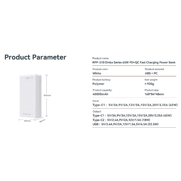রিম্যাক্স RPP-310 দিনবা সিরিজ ৬৫W PD+QC ফাস্ট চার্জিং পাওয়ার ব্যাংক