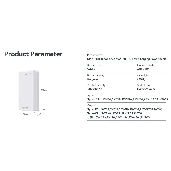 Remax RPP-310 Dinba সিরিজ 65W PD+QC ফাস্ট চার্জিং পাওয়ার ব্যাংক