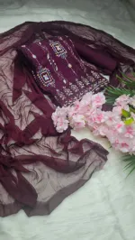 আনস্টিচড এমব্রয়ডারি জর্জেট থ্রি পিস, বডি 52 পর্যন্ত