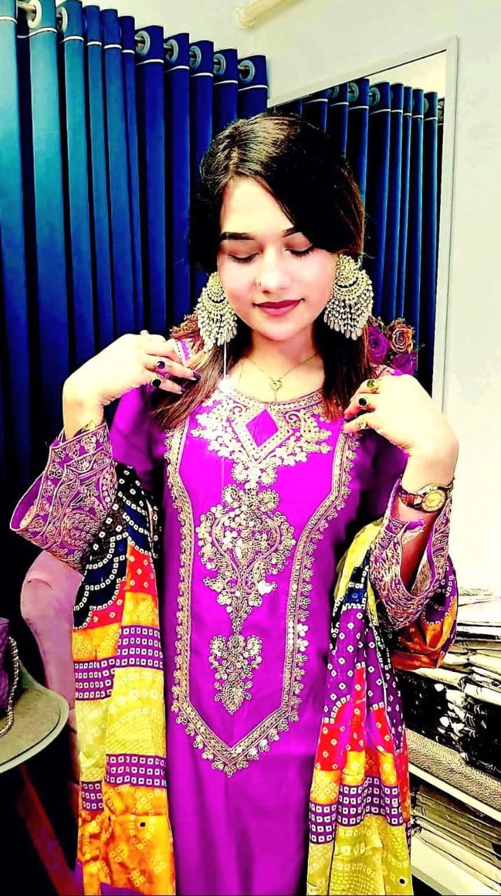 Women's Embroidered Three Piece with Butter Silk Salwar