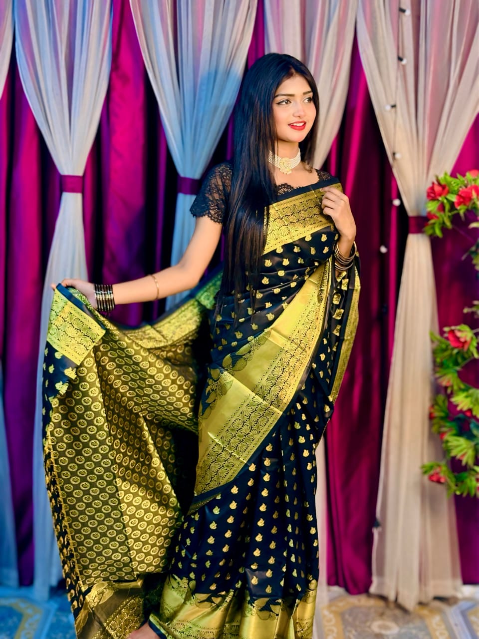 জরি সুতার কাজের সিল্ক কাতান বেনারসি শাড়ি, 5 রং