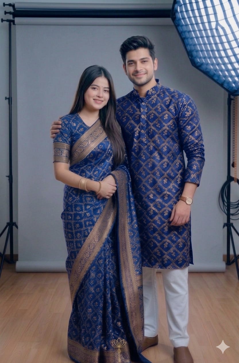 Matching Couple Set, Screen Print Saree with Block Print Panjabi