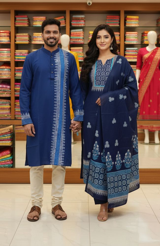 হ্যান্ড প্রিন্ট কাপল ড্রেস, ভয়েল থ্রি পিস ও সিল্ক পাঞ্জাবি