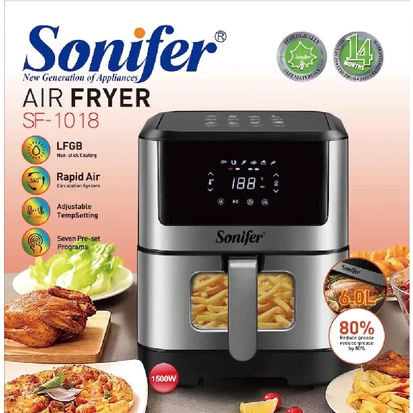 Sonifer Air Fryer SF-1018 With ডিজিটাল LED ডিসপ্লে (1500W, 6L)