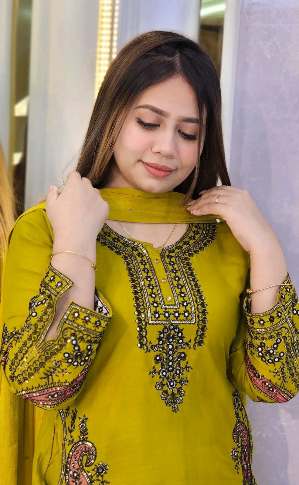 Women's Linen Sequin Three Piece with Butter Silk Panel Salwar