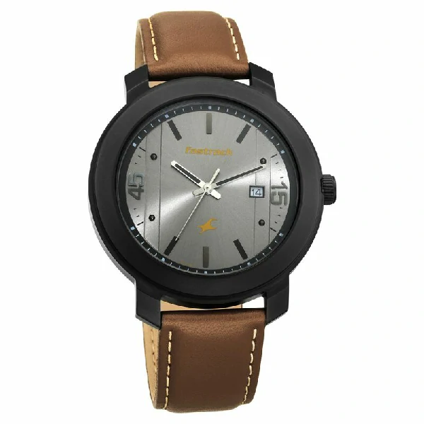 Fastrack NS3246NL01 Bare Basics Quartz Analog with Date Grey Dial Leather Strap Watch