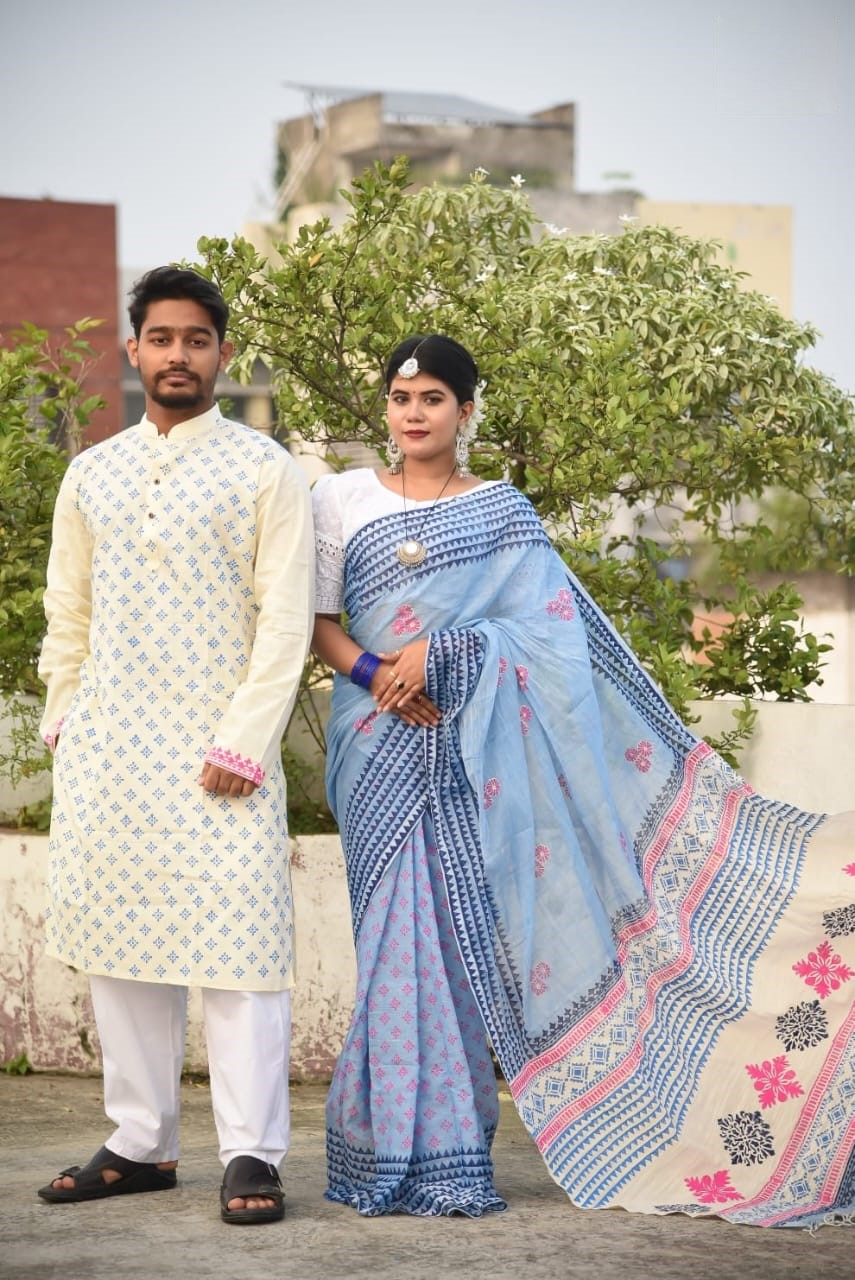 Block Print Couple Saree and Panjabi Set, Panjabi Sizes S to XL