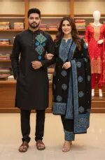 হ্যান্ড প্রিন্ট কাপল ড্রেস, ভয়েল থ্রি পিস ও সিল্ক পাঞ্জাবি