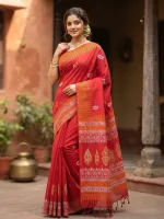 Khadi Cotton Block Print Saree with Tassel Anchal and Blouse Piece