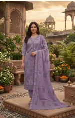 সিকুইন ও লেজার কাট কাজের আনস্টিচড কটন থ্রি পিস