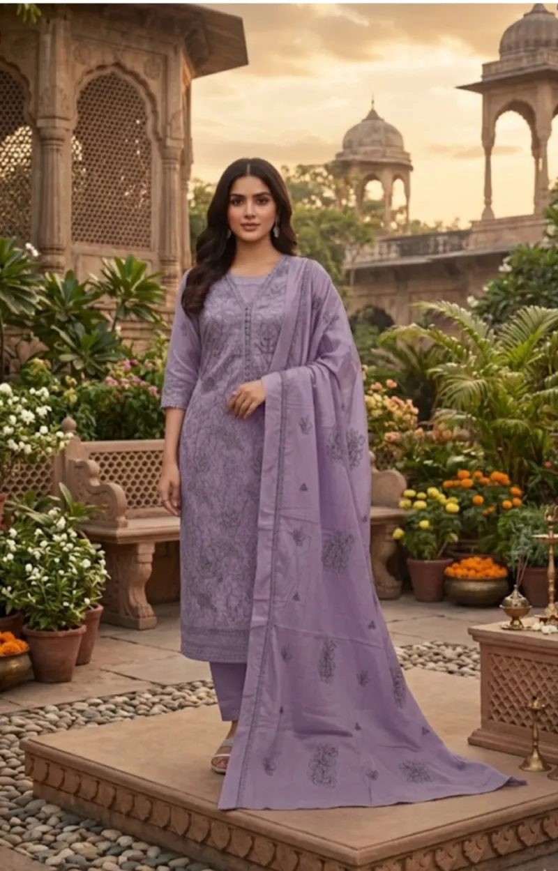 সিকুইন ও লেজার কাট কাজের আনস্টিচড কটন থ্রি পিস