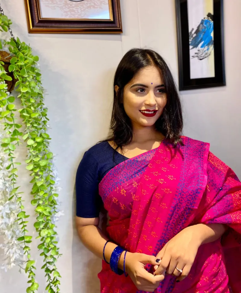 Half Silk Block Print Saree with Running Blouse Piece, 13 Haath