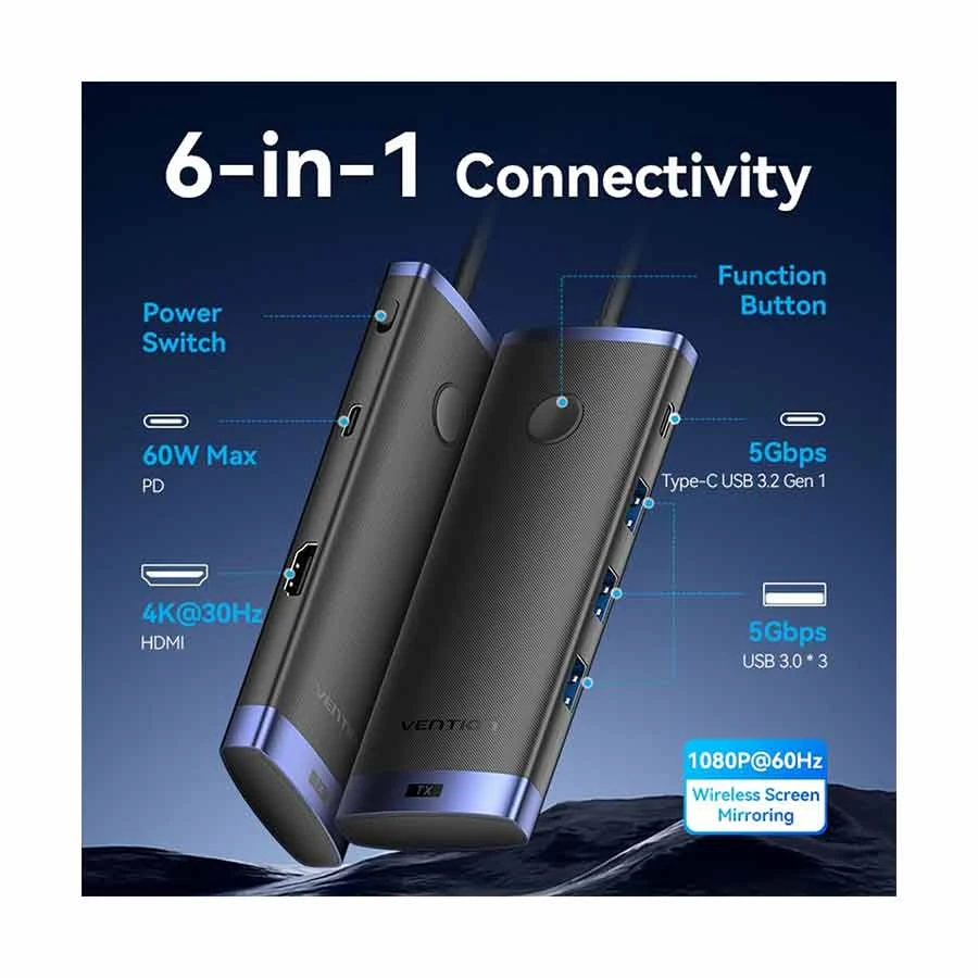 Vention TPVBB USB-C Hub with Wireless HDMI Receiver, Tri USB 3.0 & PD
