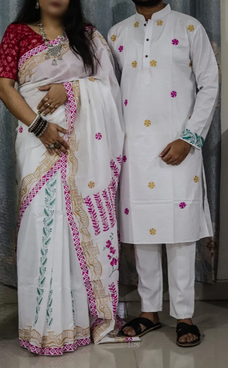 Block Print Dhupian Saree and Panjabi Couple Dress, 38 to 46